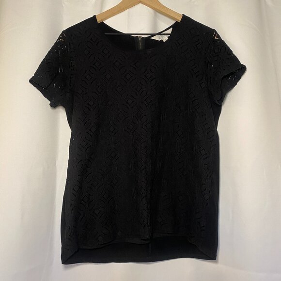 Market & Spruce Hans Black Crochet Front Blouse Womens L Mixed Material Zip EUC - Picture 1 of 9